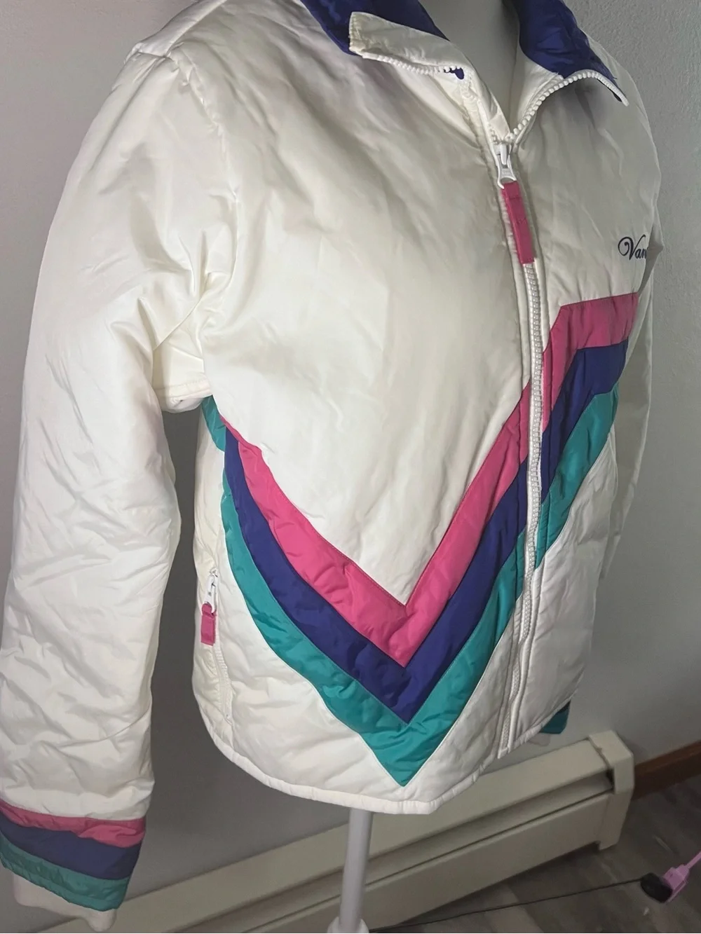 Vans White Colorblock Puffer Jacket with Pink, Teal & Purple Accents